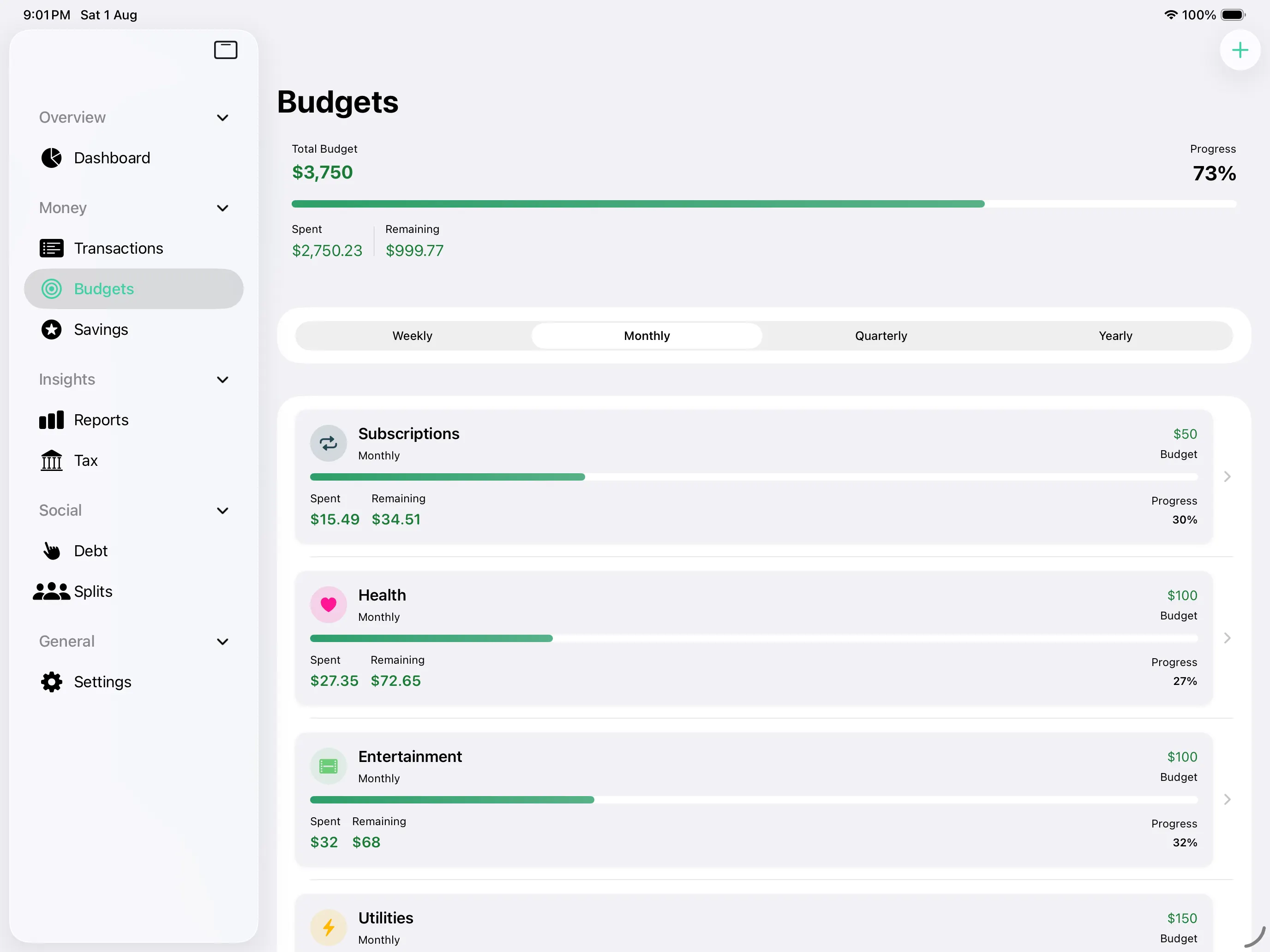 Vittora Budgets on iPad with total budget, progress, and monthly categories