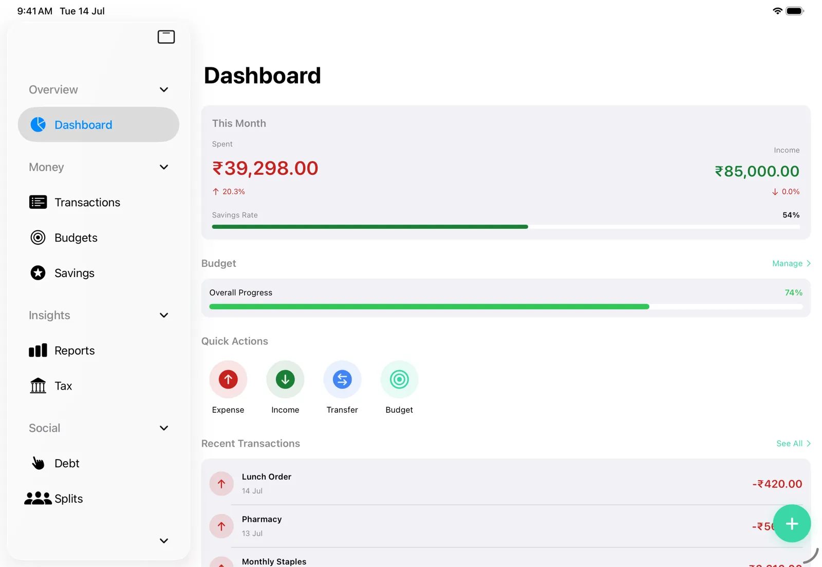 Vittora dashboard on iPad in landscape with sidebar navigation