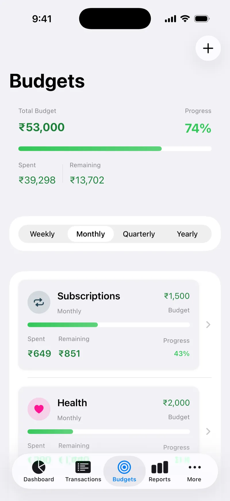 Vittora budgets screen with per-category progress
