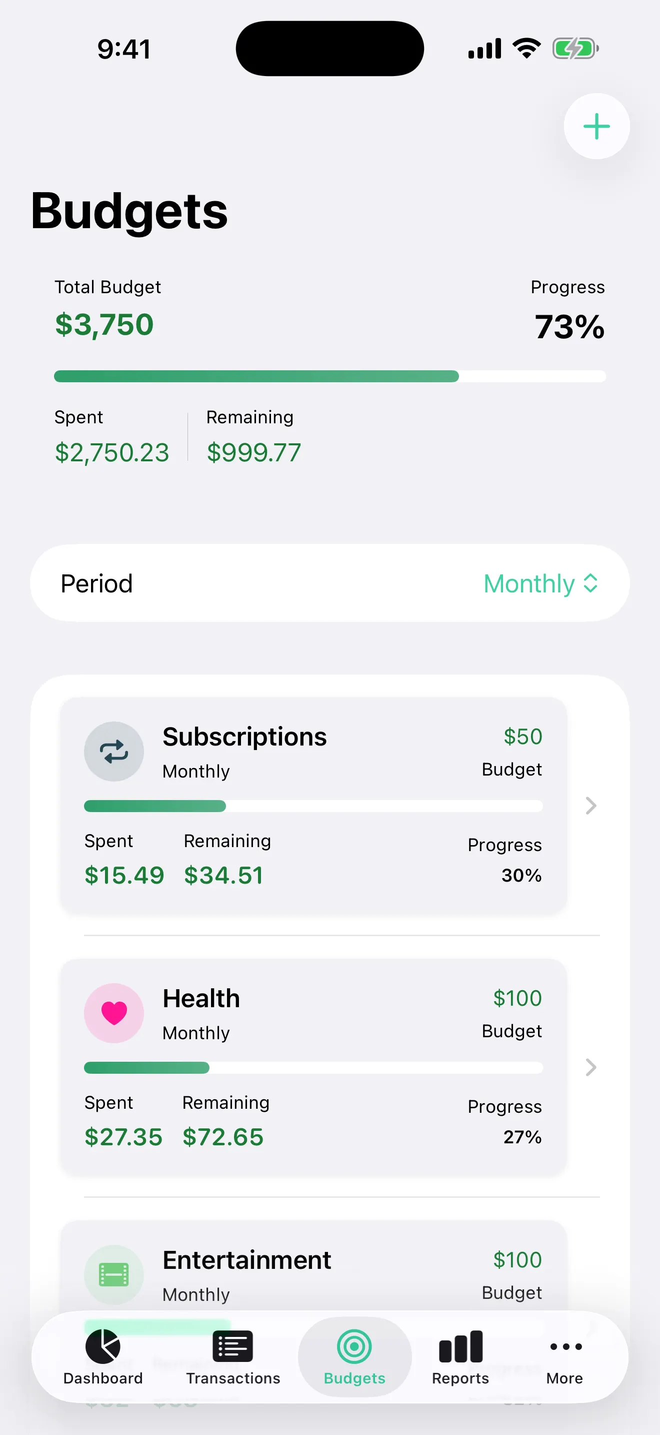 The same Vittora Budgets view continued on iPhone
