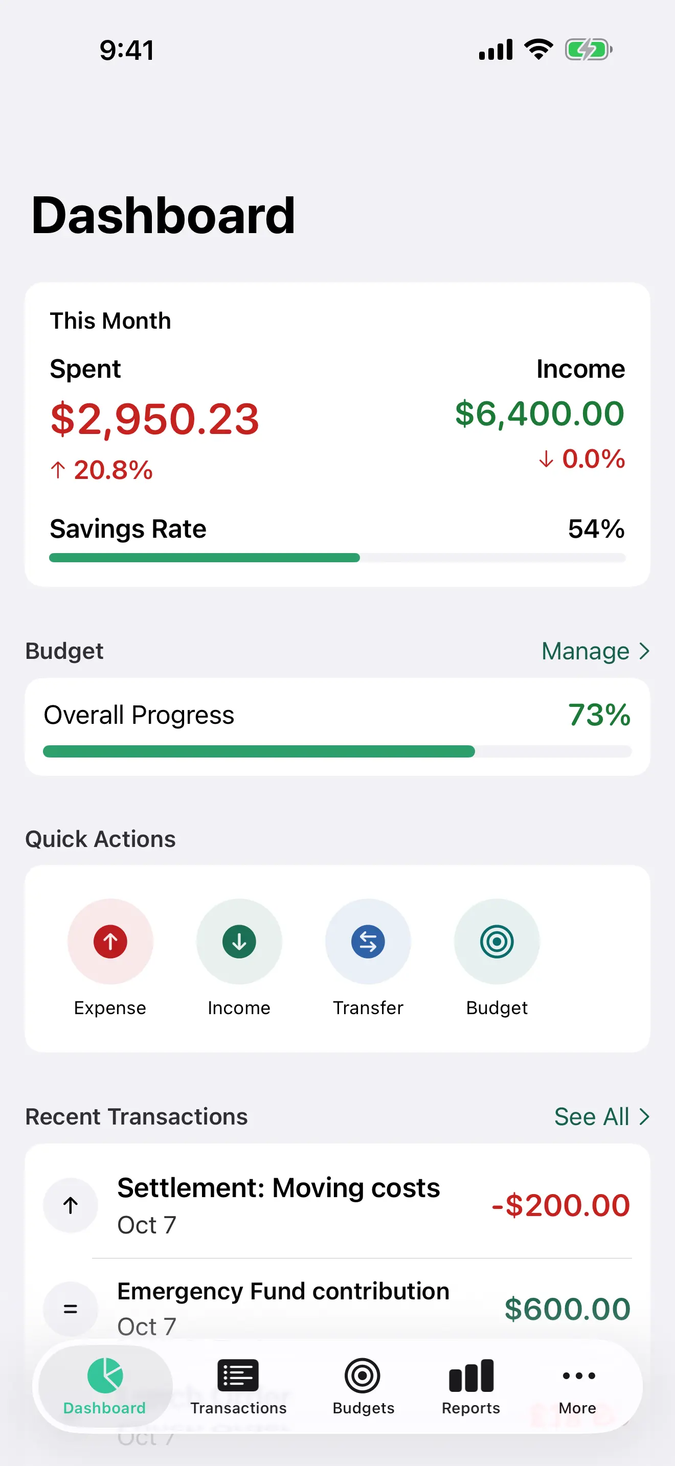 Vittora dashboard on iPhone, with this month’s spending and income