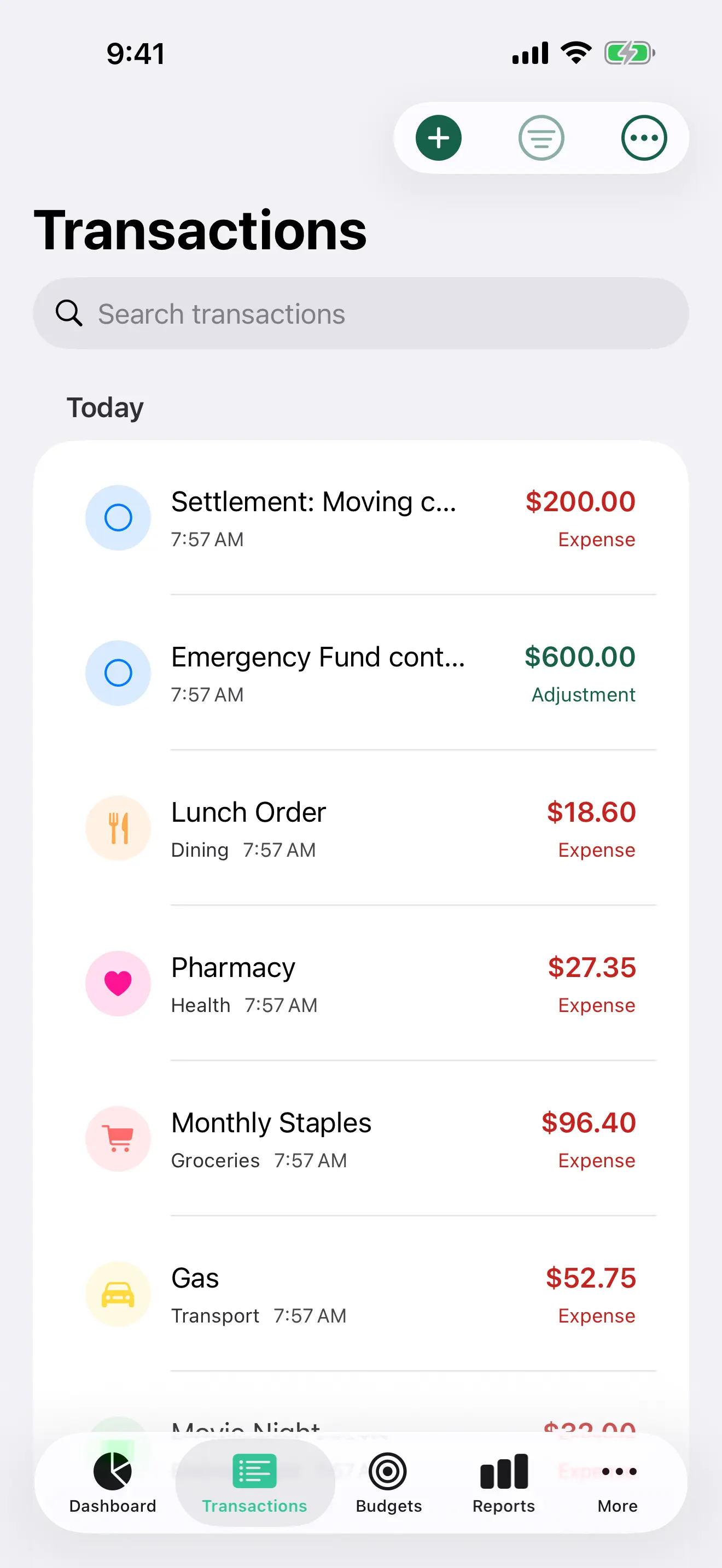 Transactions on iPhone, grouped by day with payees and amounts