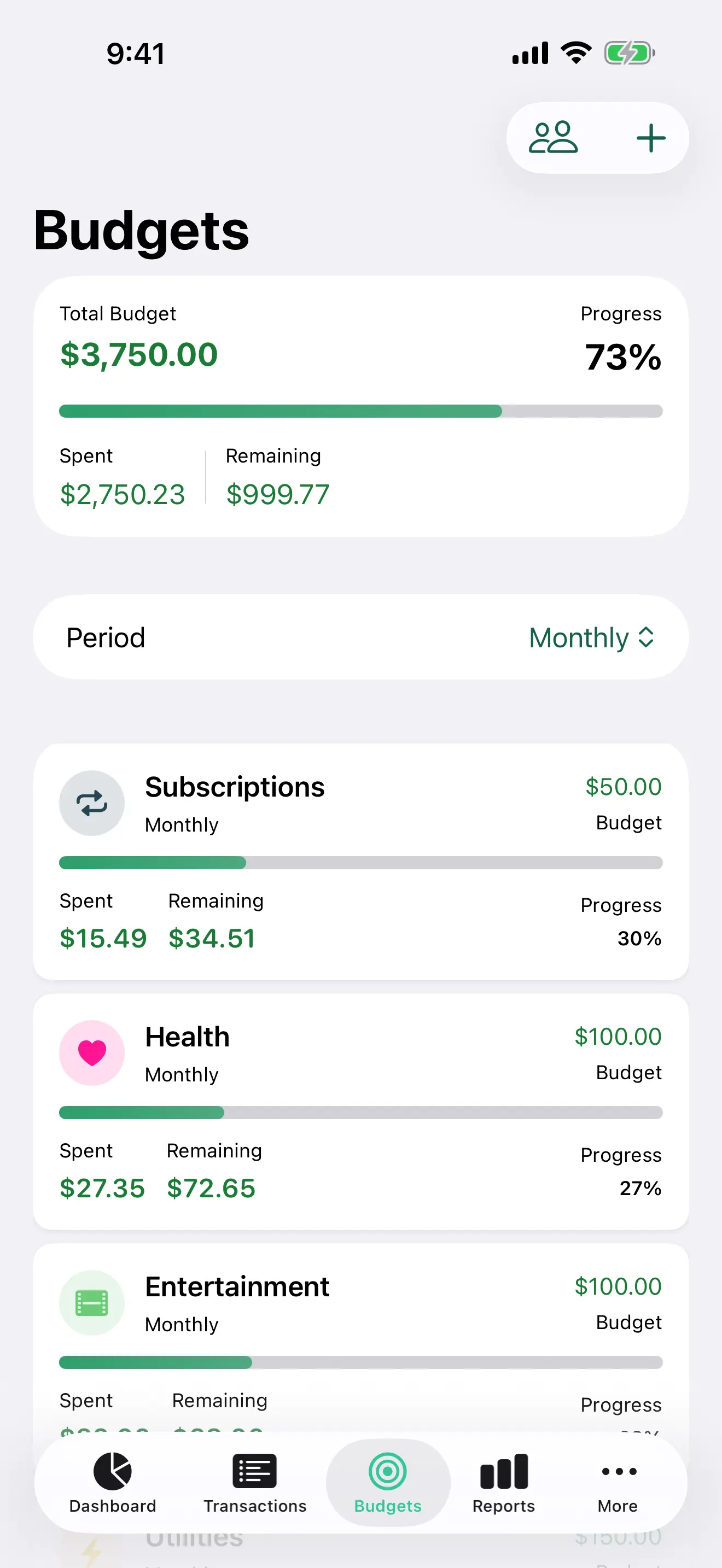Monthly budgets on iPhone, with progress and the amount left in each category