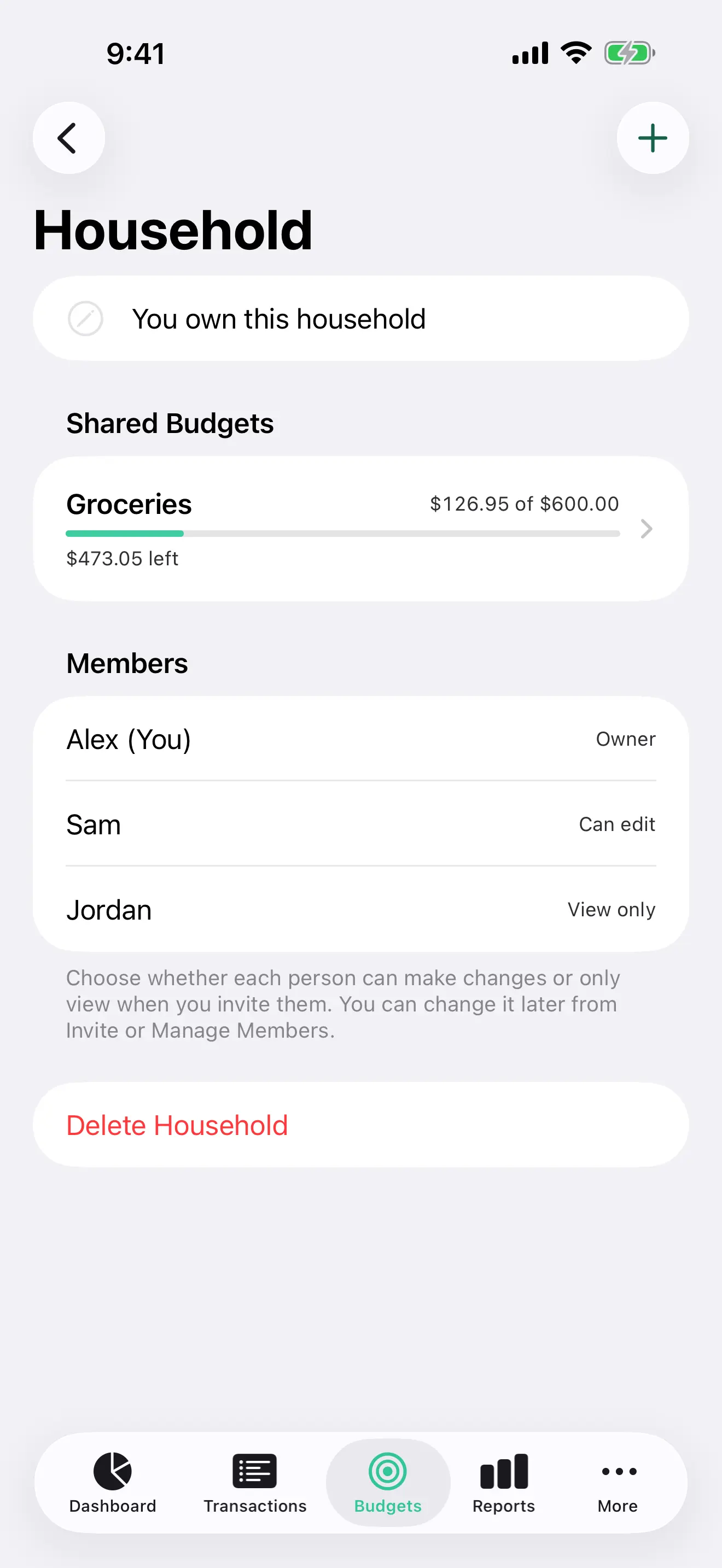 Household budgets on iPhone, with a shared groceries budget and member permissions
