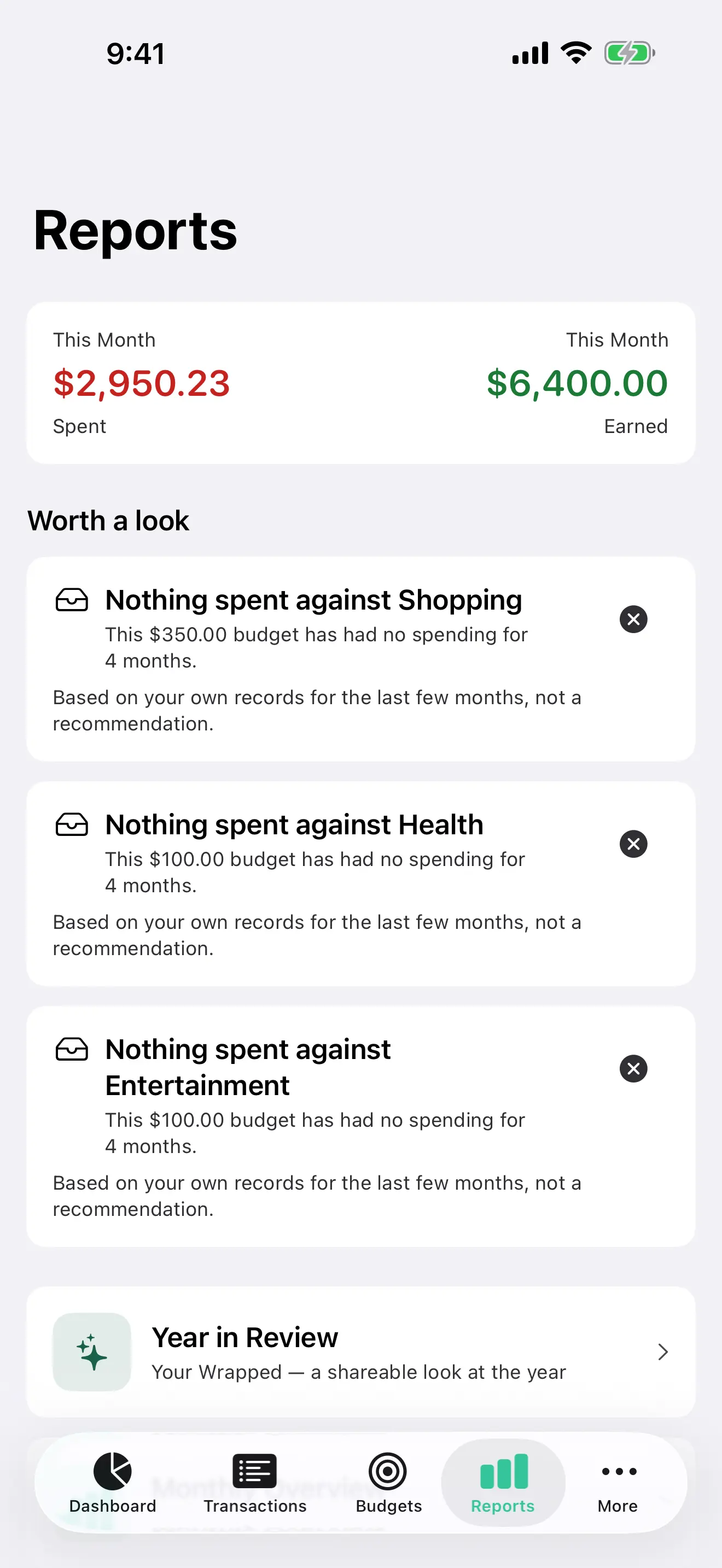 Reports on iPhone, with this month’s spending and the list of reports