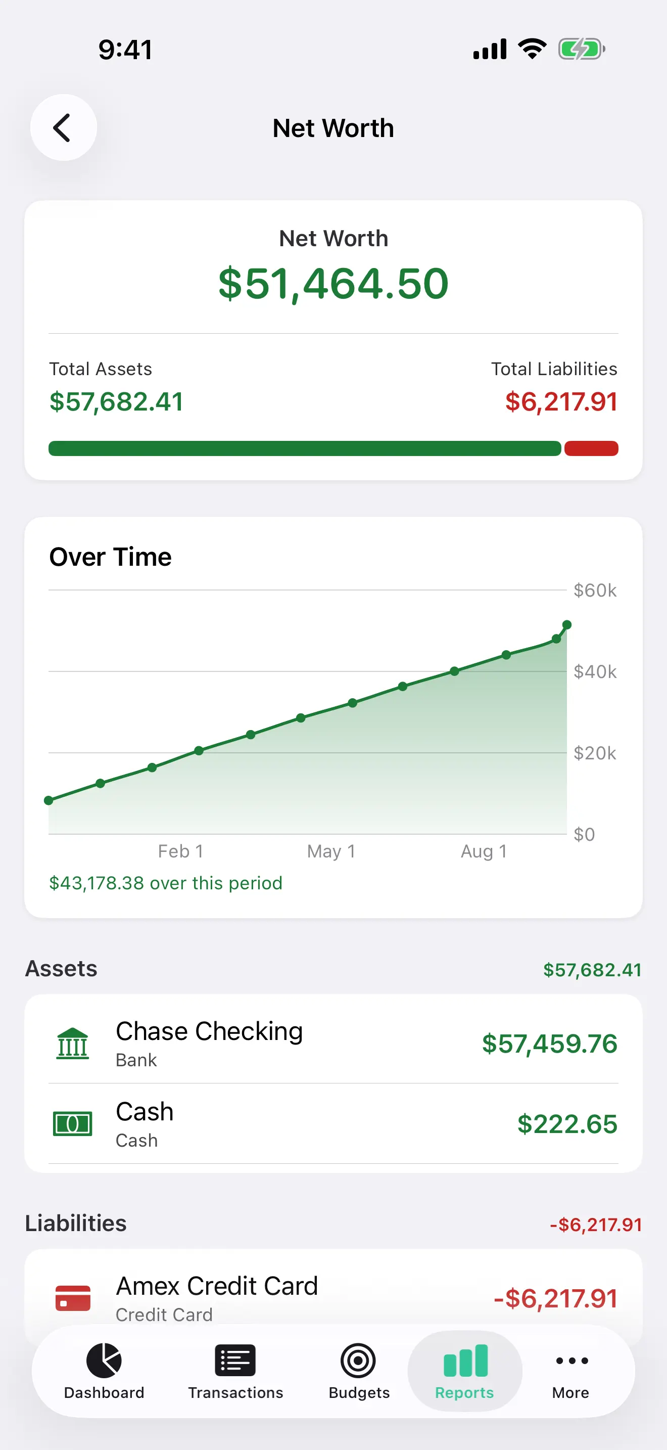 Net worth over time on iPhone, with assets, liabilities, and the monthly chart