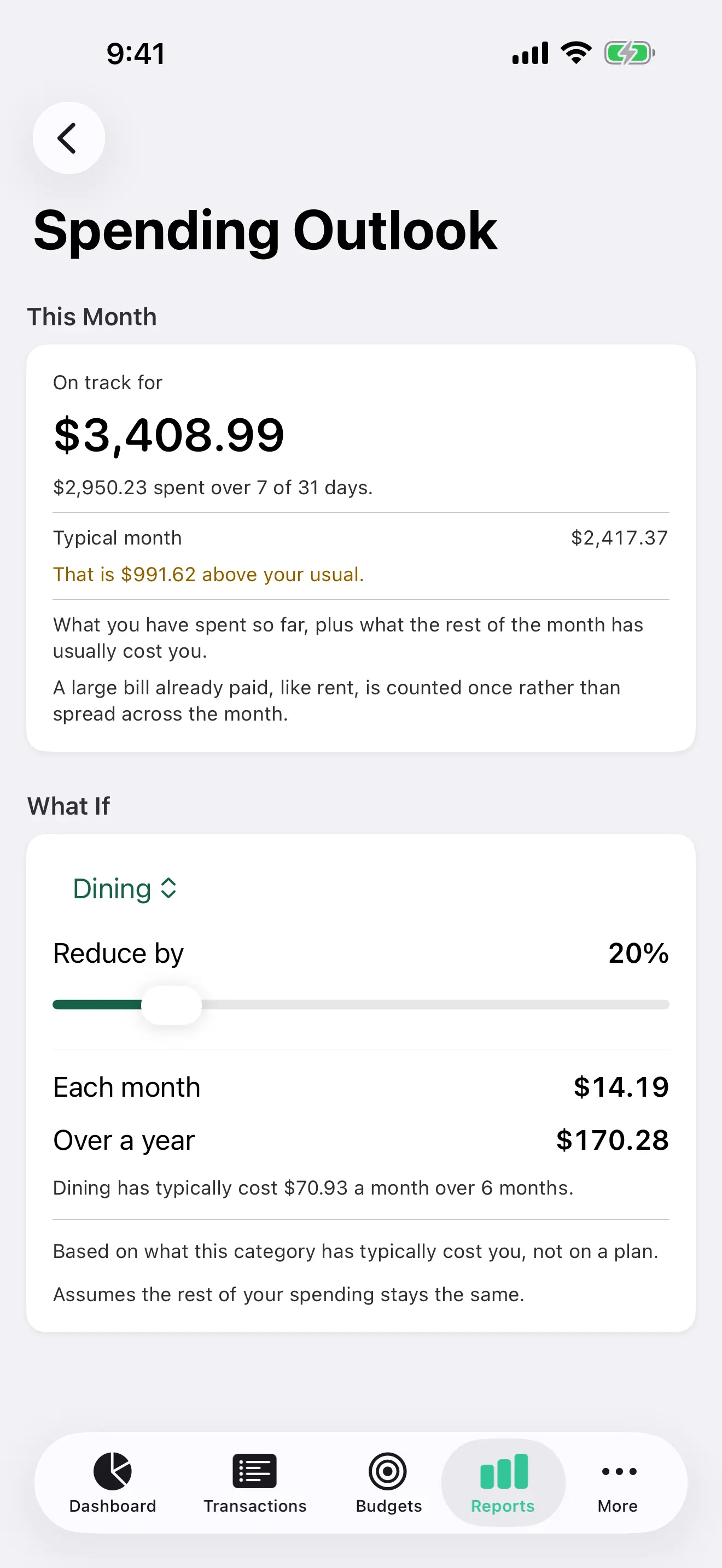 Spending outlook on iPhone, with a what-if control