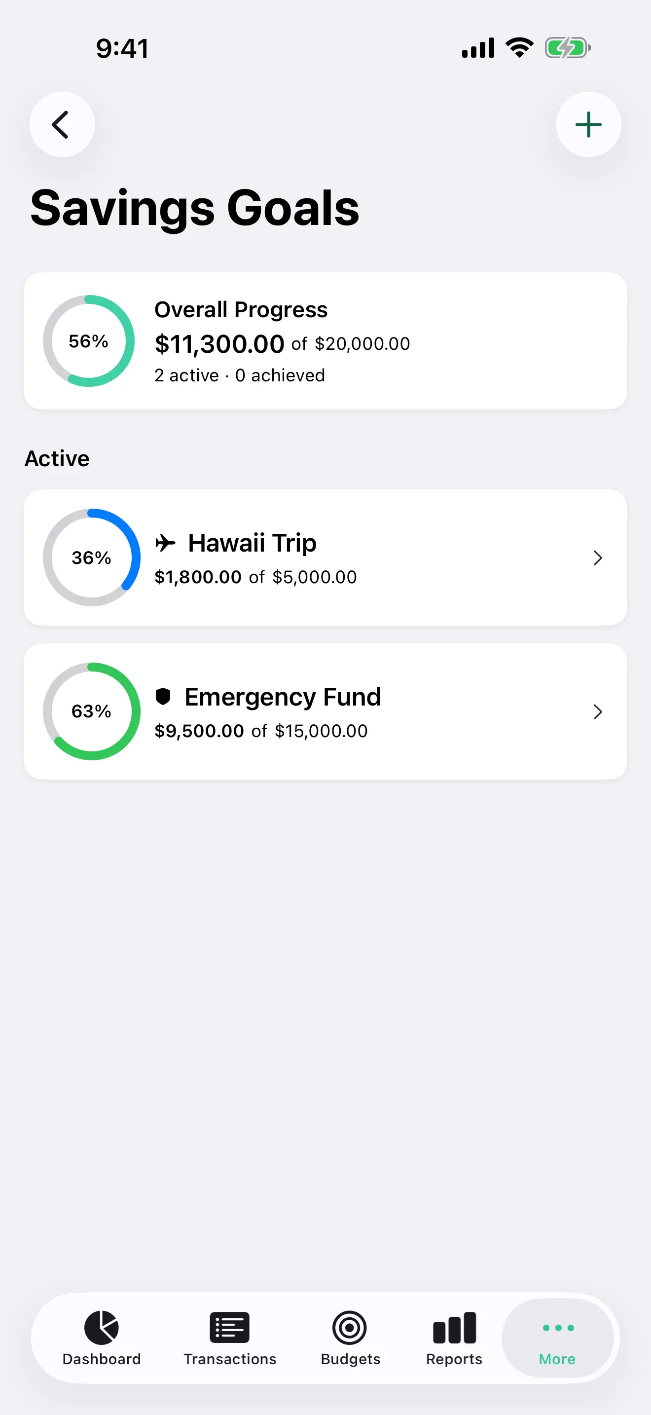 Savings goals on iPhone, with progress rings