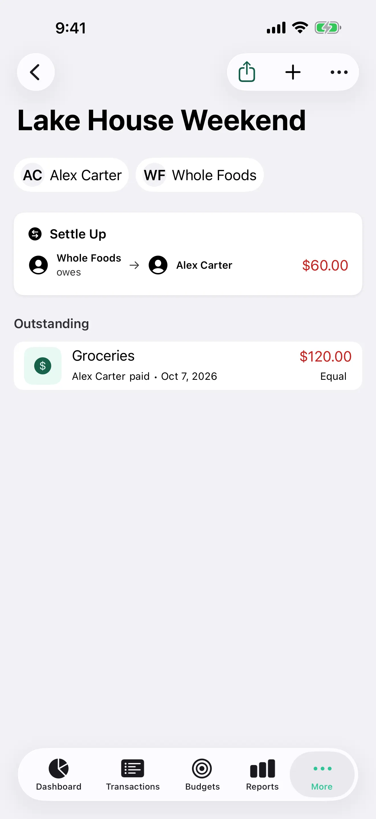 A split group on iPhone, with who owes whom and a settle-up suggestion
