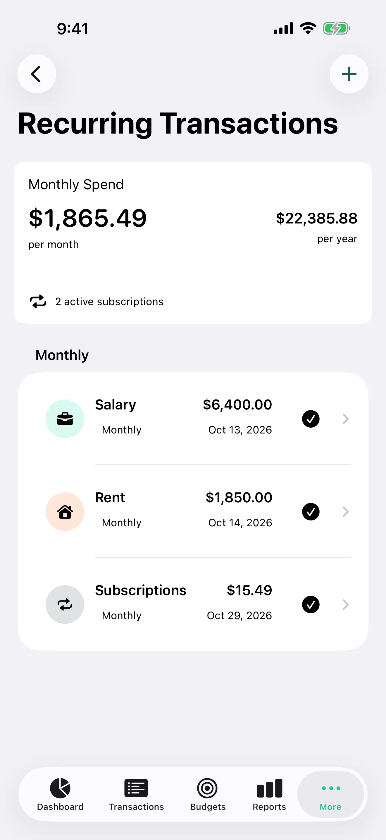 Recurring transactions on iPhone, with monthly spend, salary, rent, and subscriptions