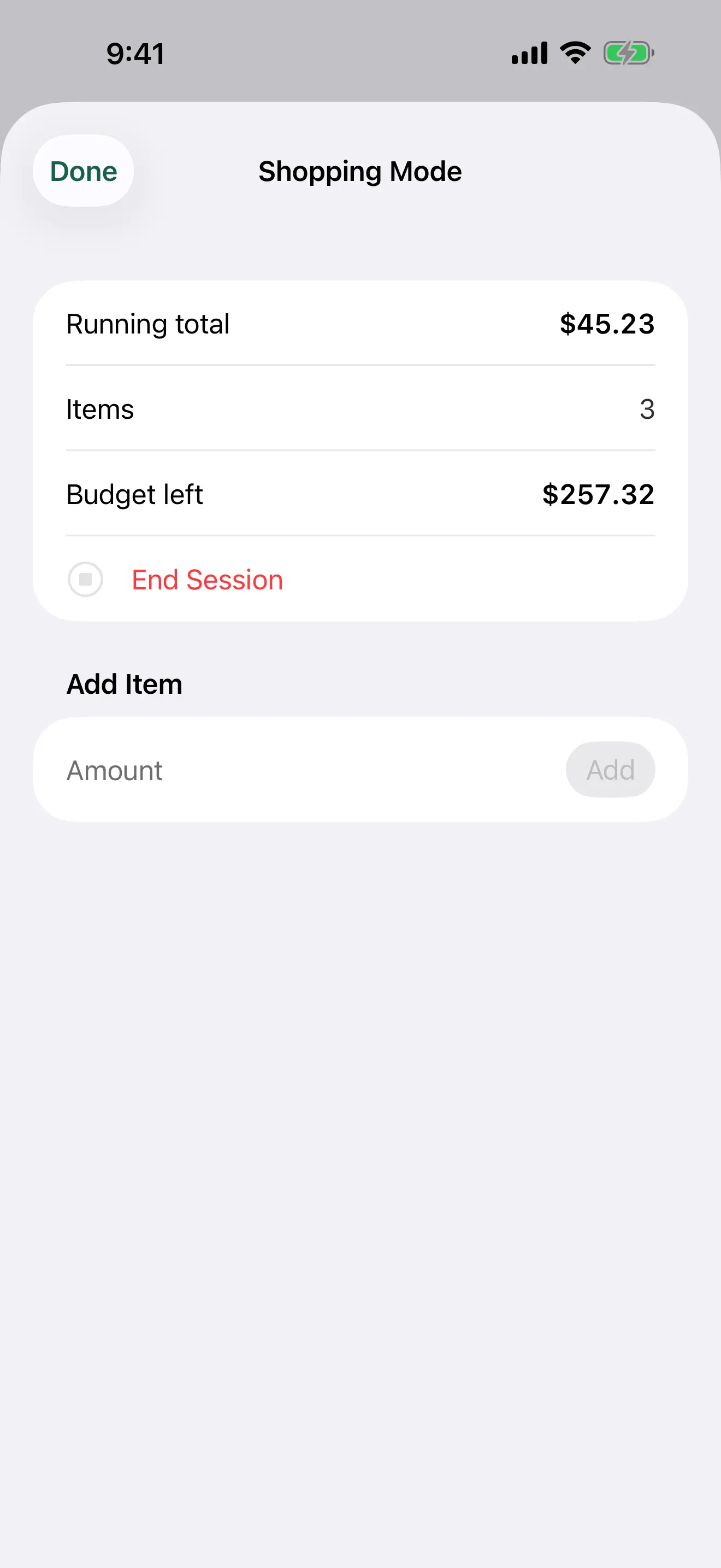 Shopping Mode on iPhone, with the running total and budget left