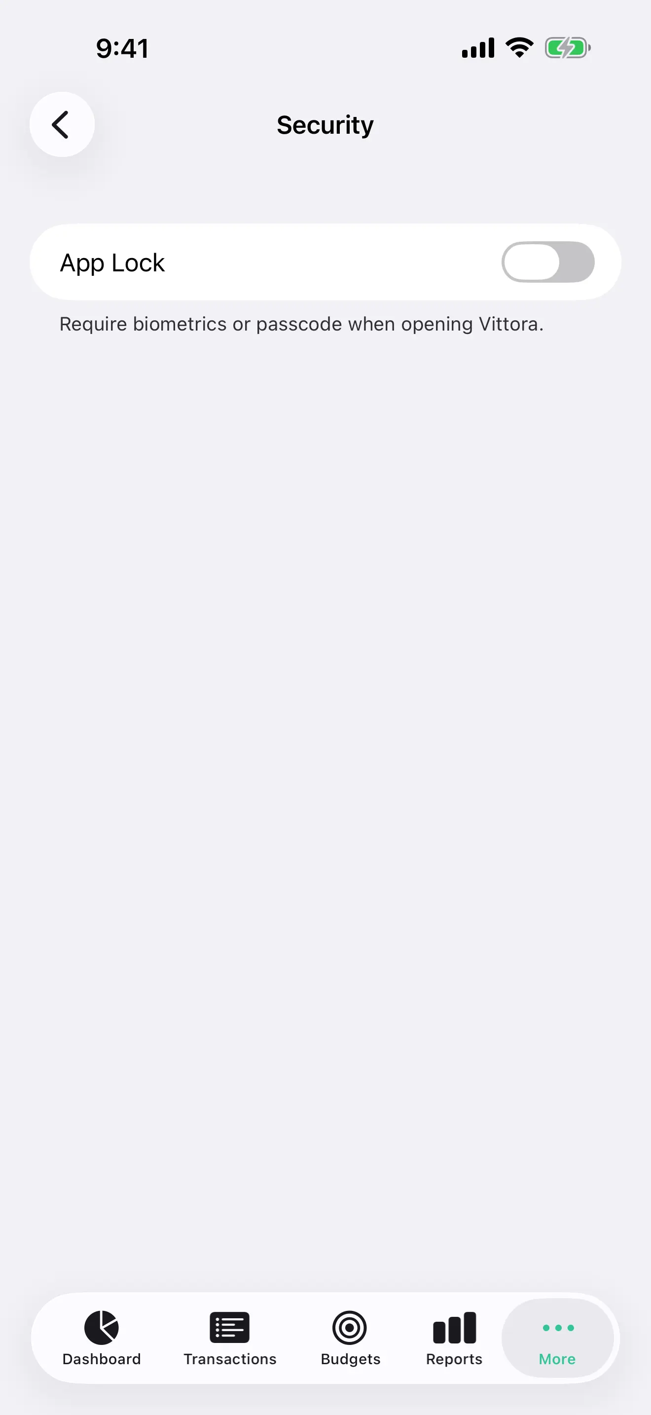App Lock in Vittora’s security settings on iPhone, requiring Face ID or the passcode to open the app