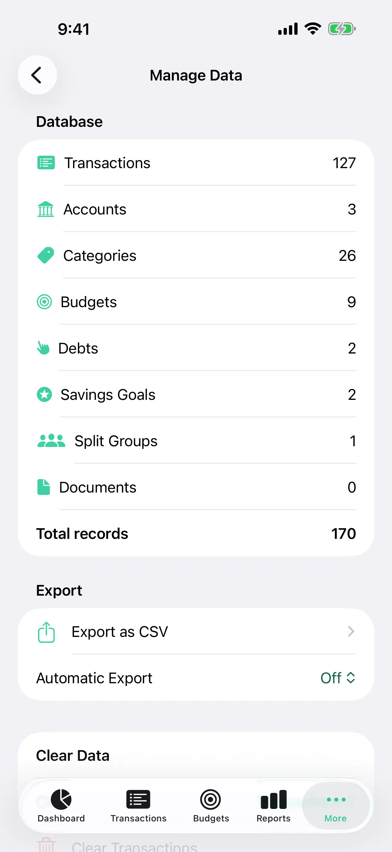 Manage Data in Settings on iPhone, with record counts and CSV export
