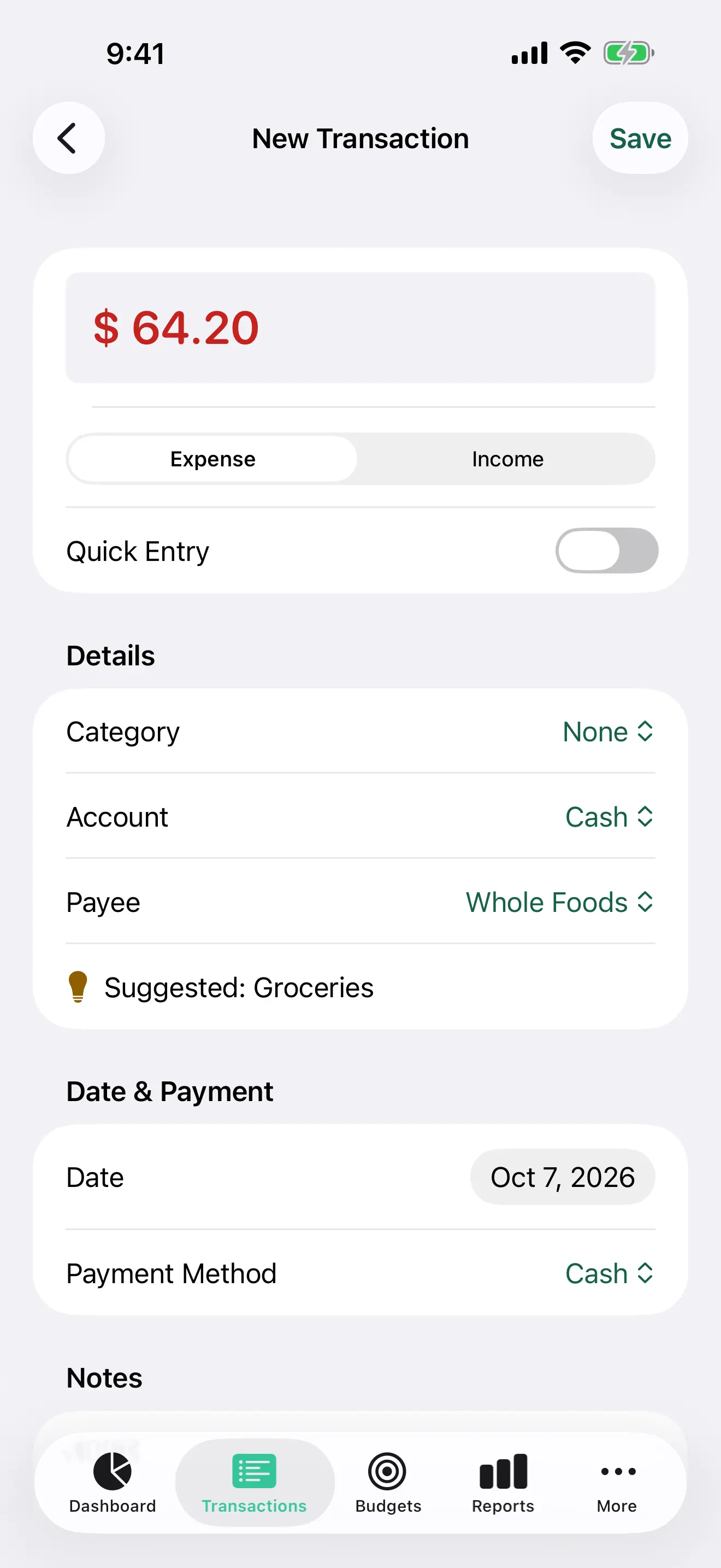 Add transaction on iPhone, with Groceries suggested from this payee’s history