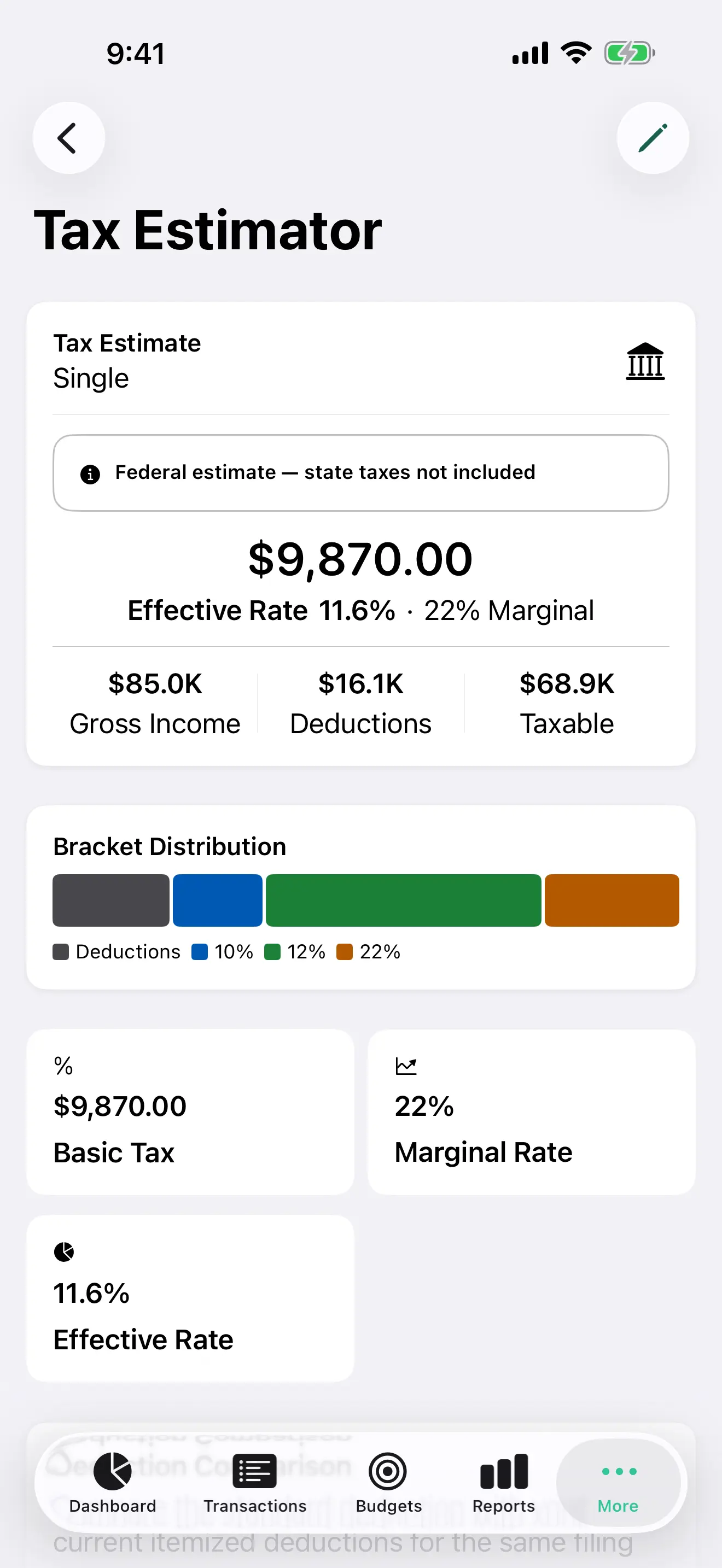 United States tax estimate on iPhone, in dollars, with federal tax, effective rate, and marginal rate