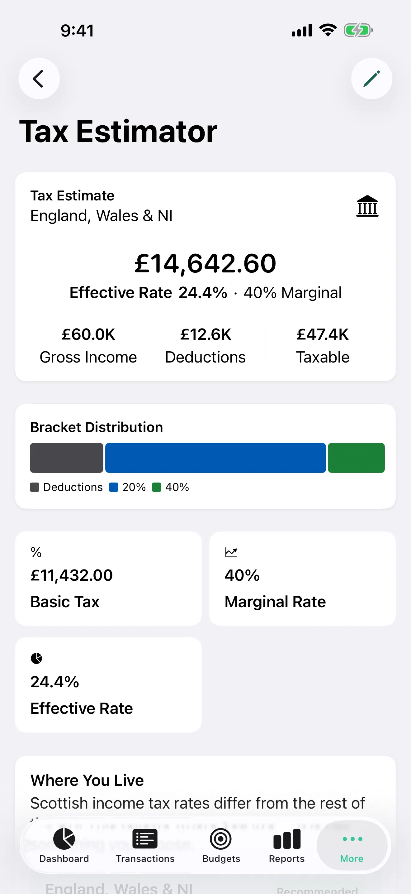 United Kingdom tax estimate on iPhone, in pounds, with income tax and National Insurance