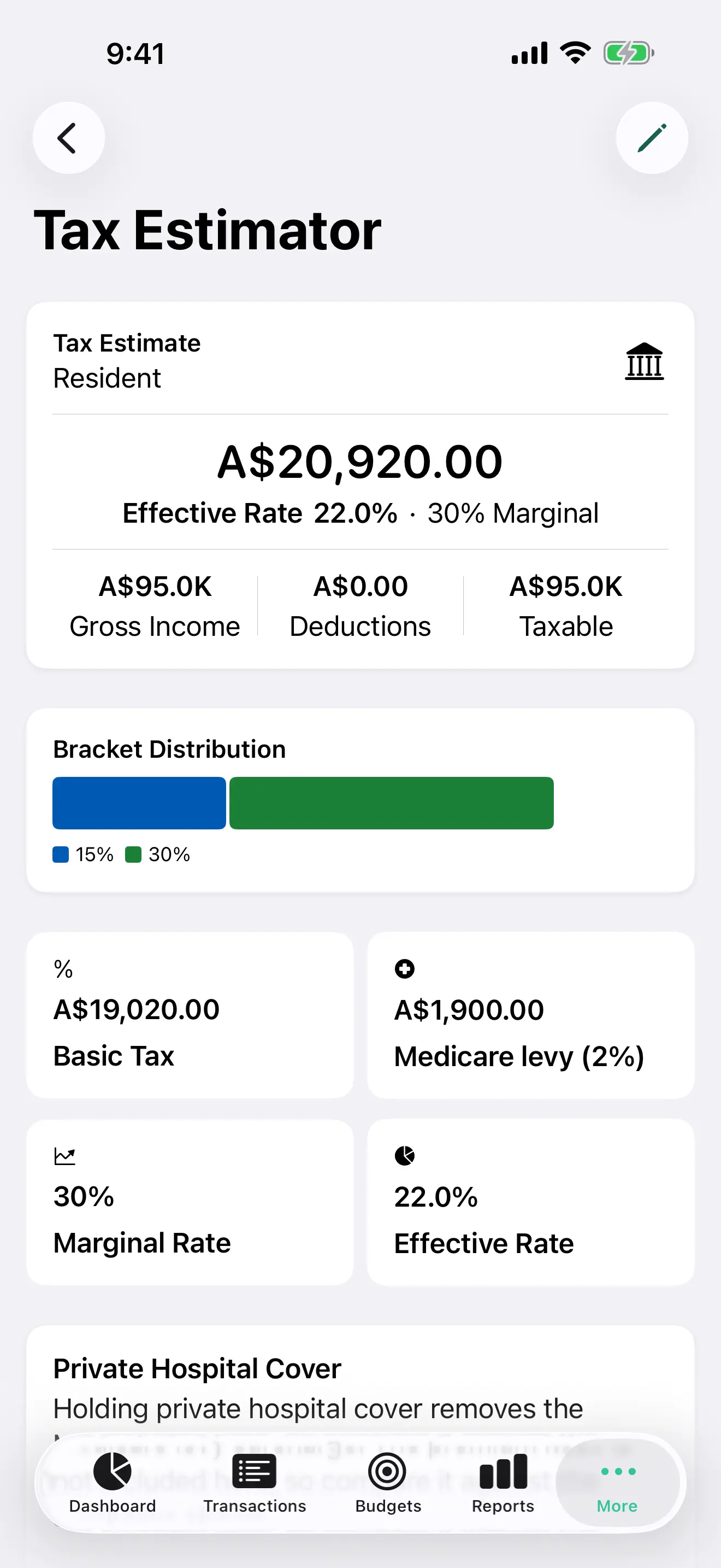 Australia tax estimate on iPhone, in Australian dollars, with resident rates and the Medicare levy