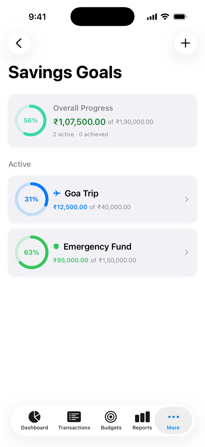 Vittora savings goals with progress rings