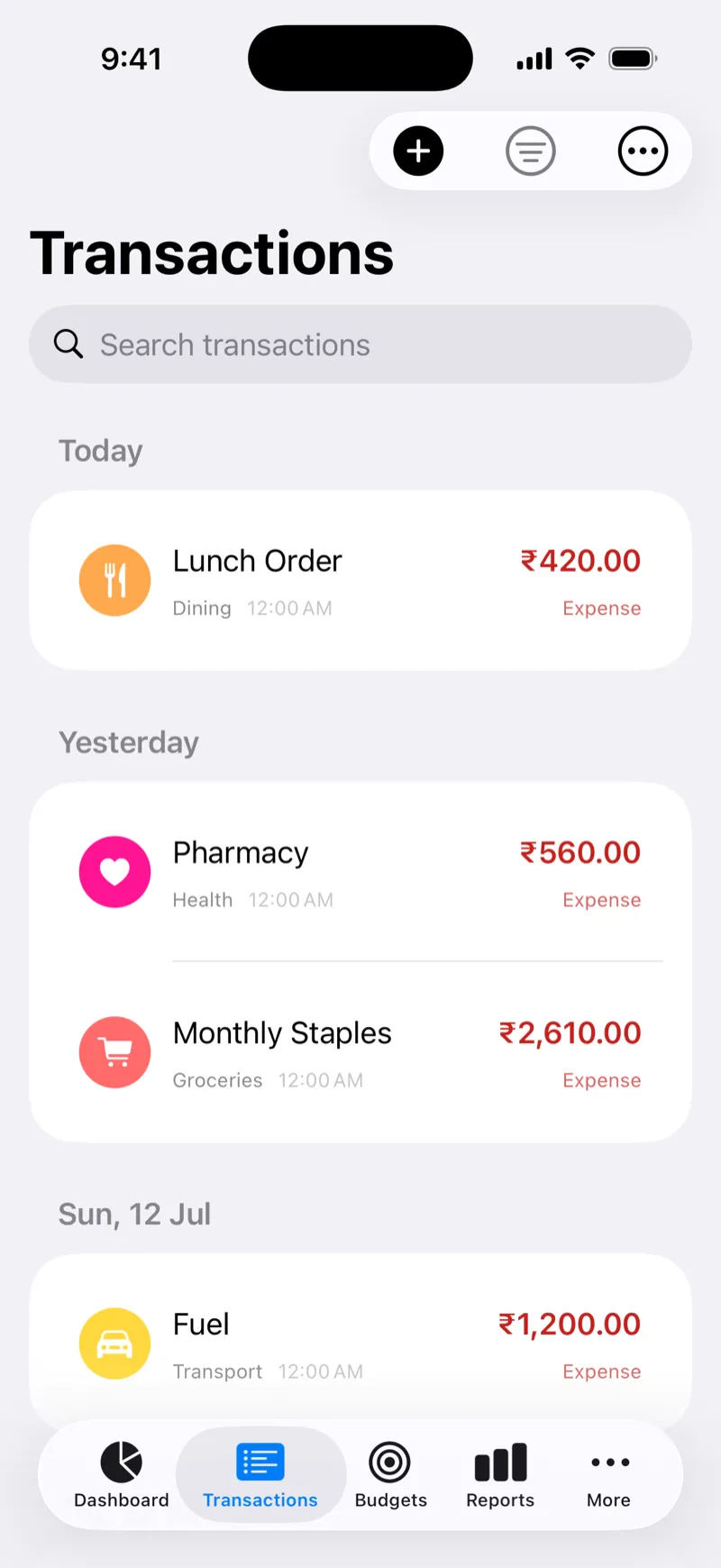 Vittora transactions list with categorized entries
