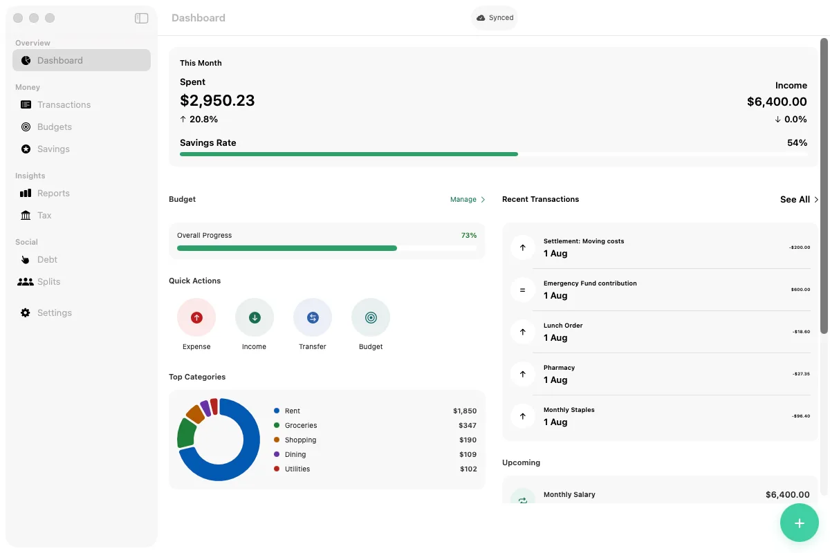Vittora 1.6 dashboard on Mac with spending, income, budget progress, and recent transactions
