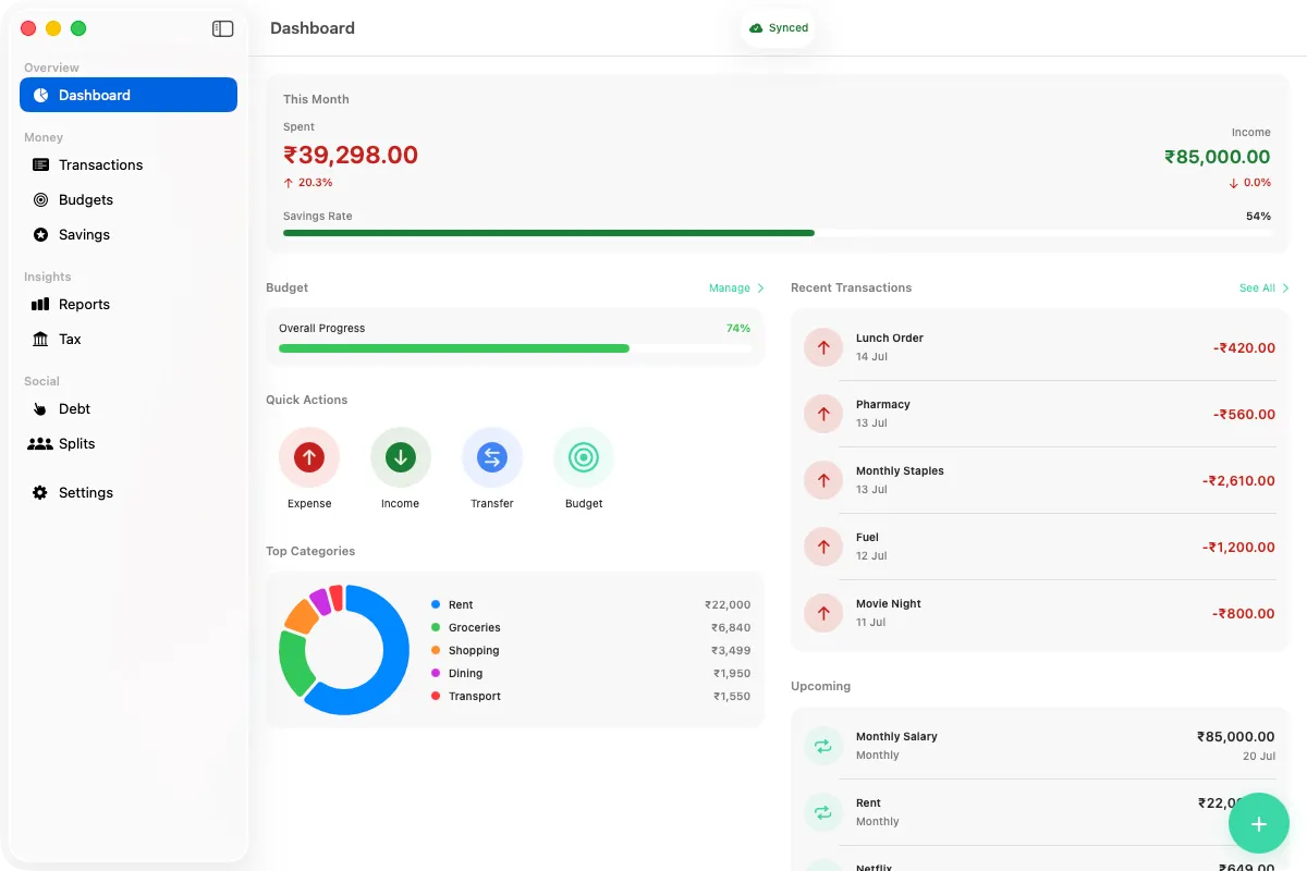 Vittora dashboard on Mac showing monthly spending, budget progress, and recent transactions