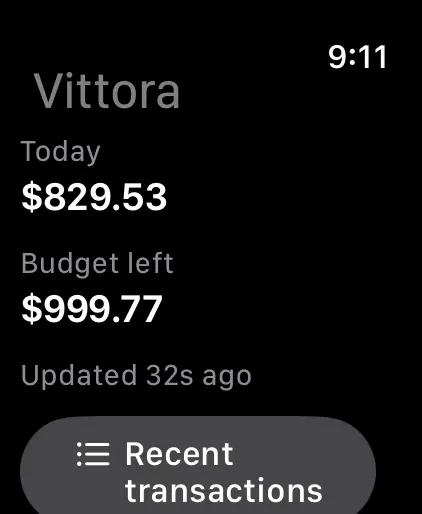 Apple Watch showing today’s spending and budget left
