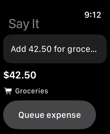 Apple Watch voice entry, with a spoken amount and category