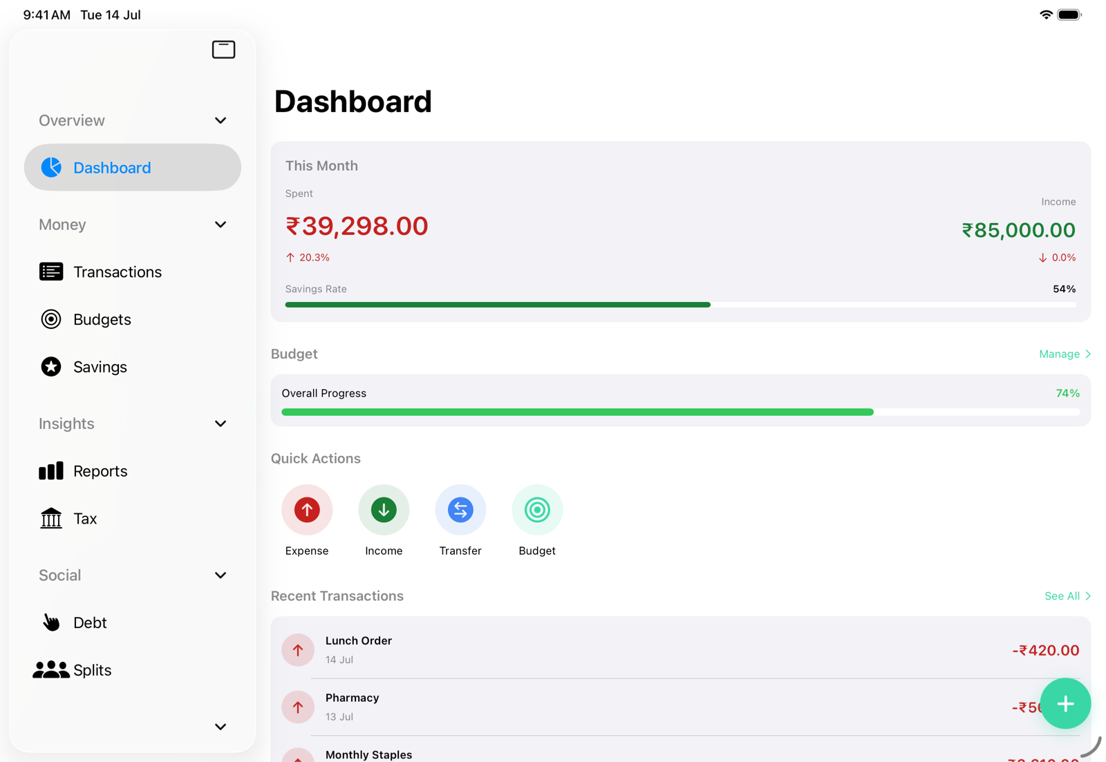 Vittora dashboard on iPad in landscape with sidebar navigation