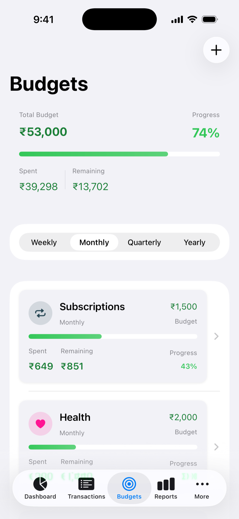 Vittora budgets screen with per-category progress