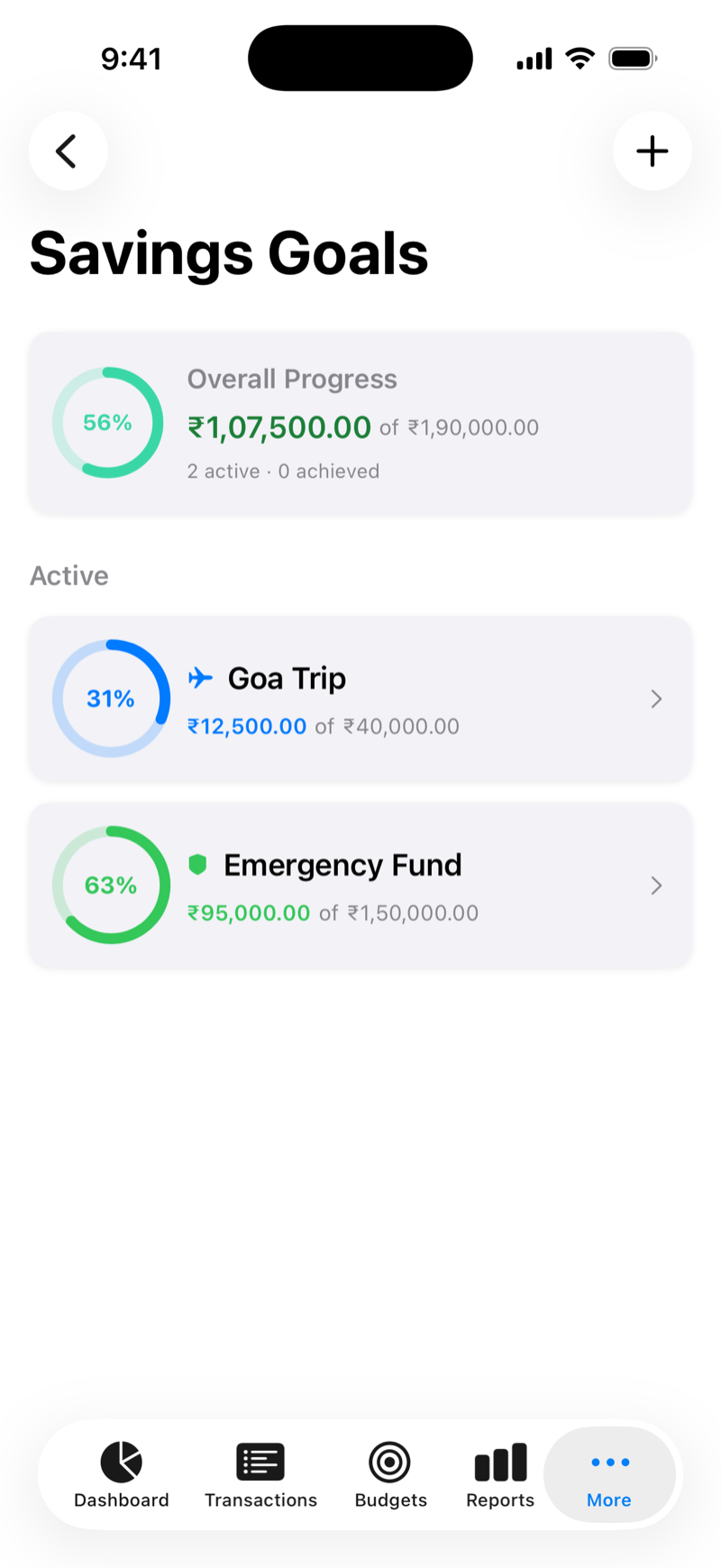 Vittora savings goals with progress rings