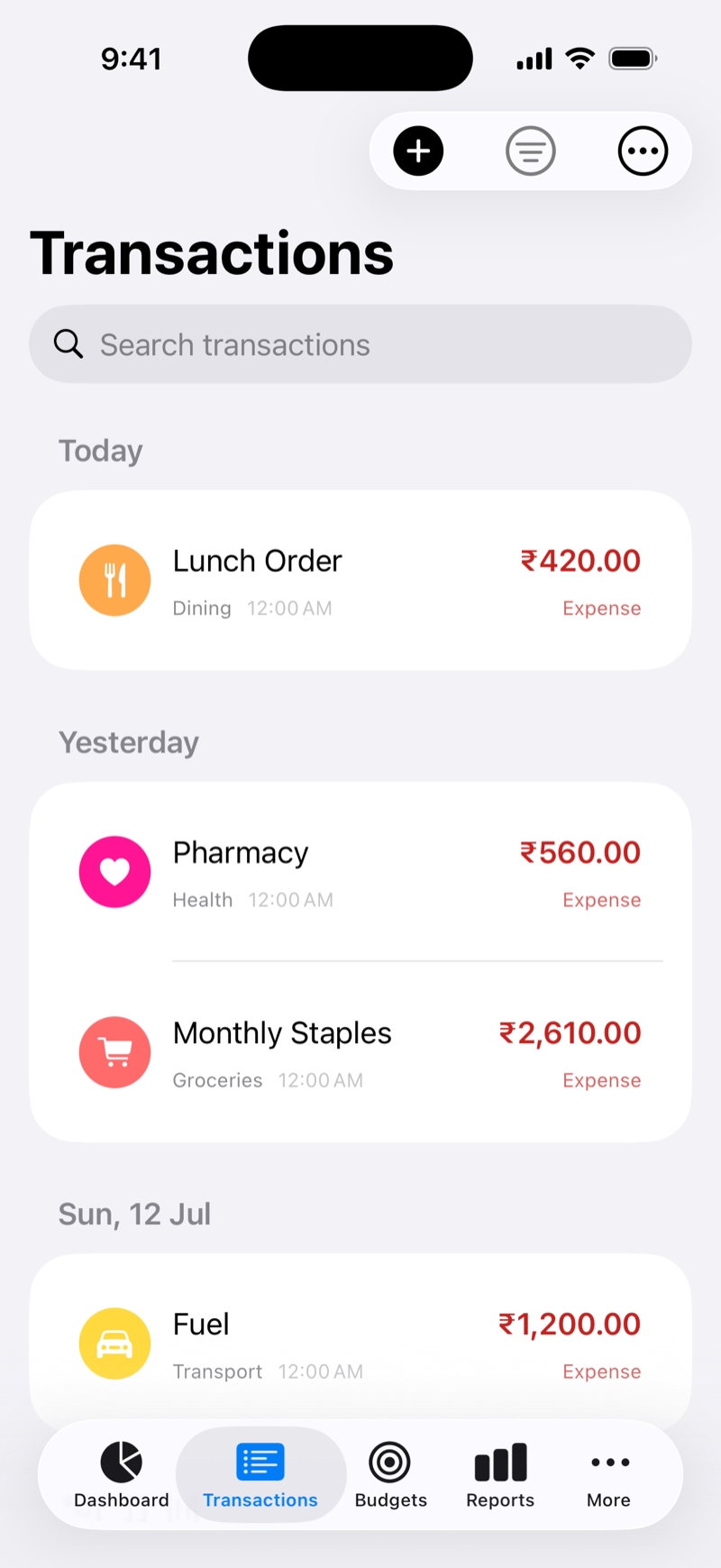 Vittora transactions list with categorized entries