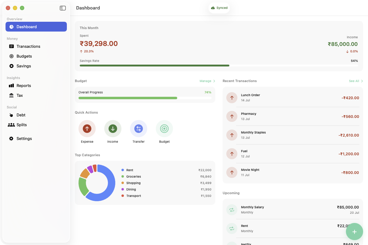 Vittora dashboard on Mac showing monthly spending, budget progress, and recent transactions